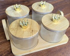 Elegant Royal Crown Spice Jar Set with Wooden Lids and Tray – 4 Pieces